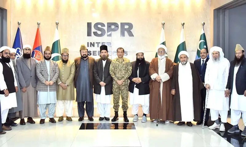 A delegation from the National Paigham-i-Aman Committee meets ISPR Director General Ahmed Sharif Chaudhry at ISPR on January 13. &mdash; X/@PTVNewsOfficial
