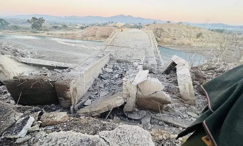A view of a bridge destroyed by attackers using explosives in North Waziristan&rsquo;s Shewa tehsil on Jan 14, 2026. &mdash; Photo via author
