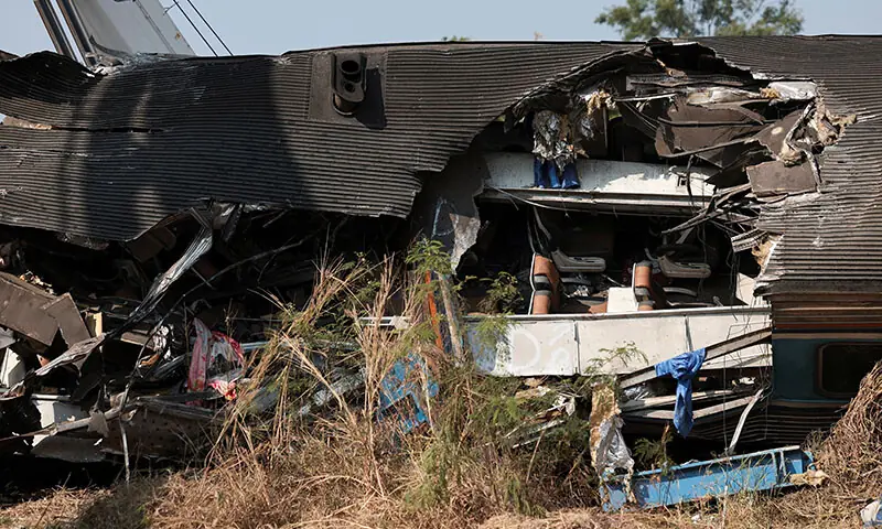  Wreckage at the site where a train was derailed when a construction crane collapsed and fell onto its carriages, causing several casualties, in Sikhio district, Nakhon Ratchasima province, Thailand on Jan 14, 2026. — Reuters 