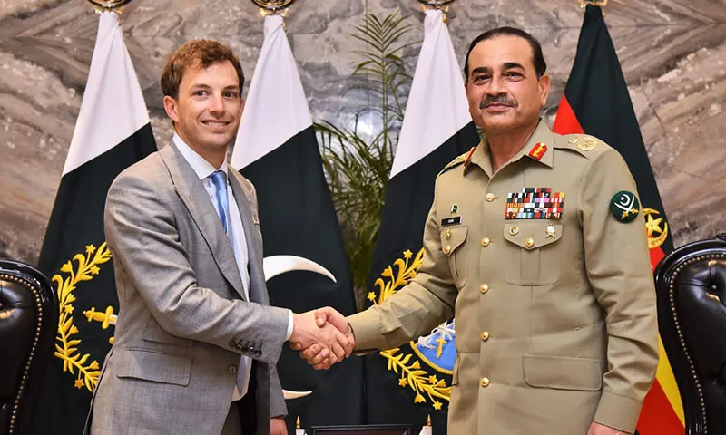 World Liberty CEO Zachary Witkoff and Chief of Defense Forces and Chief of Army Staff Asim Munir shake hands during a meeting in Rawalpindi on Janaury 14. — Photo courtesy ISPR