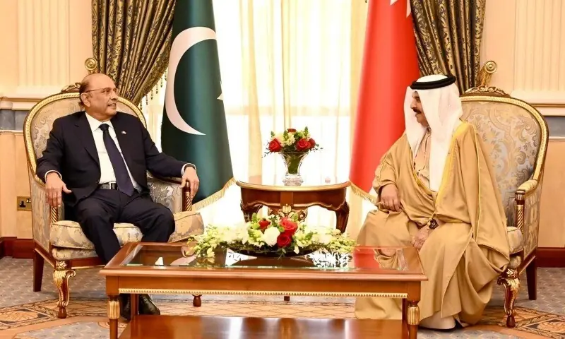 President Asif Ali Zardari in a meeting with King Hamad bin Isa Al Khalifa of Bahrain at Al-Qudaibiya Palace in Manama, Bahrain on January 14. &mdash; PID