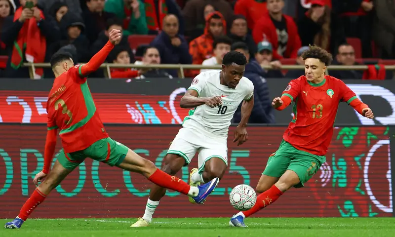 Nigeria’s Fisayo Dele-Bashiru in action with Morocco’s Eliesse Ben Seghir and Morocco’s Noussair Mazraoui during the AFCON semifinal, Nigeria v Morocco, at the Prince Moulay Abdellah Stadium in Rabat, Morocco on January 14, 2026 Nigeria’s Fisayo Dele-Bashiru in action with Morocco’s Eliesse Ben Seghir and Morocco’s Noussair Mazraoui during the AFCON semifinal, Nigeria v Morocco, at the Prince Moulay Abdellah Stadium in Rabat, Morocco on January 14, 2026