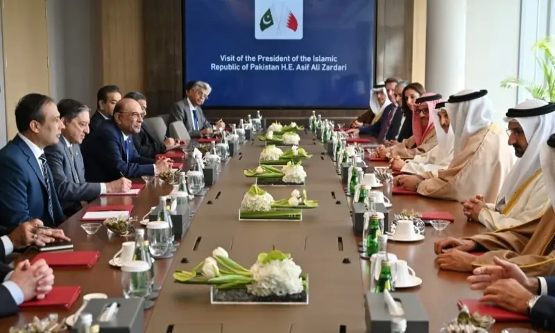 The Economic Development Board of Bahrain briefs President Asif Ali Zardari in the presence of Deputy Prime Minister of Bahrain Shaikh Khalid bin Abdulla Al Khalifa in Manama on January 15, 2026. &mdash;President Office