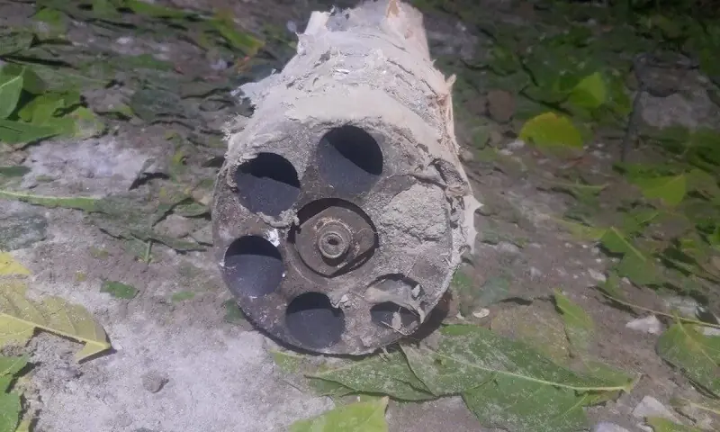 A photo of the rocket that hit an under-construction house in Bannu&rsquo;s Defence Colony. &mdash; Photo by author
