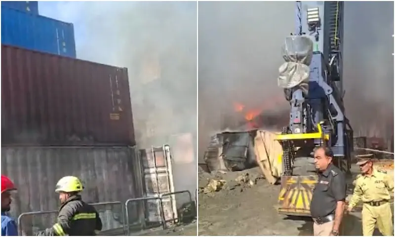 Firefighters busy trying to douse the fire at Karachi Port Trust (KPT) on Friday, January 16, 2026. &mdash; Screenshots via DawnNews TV