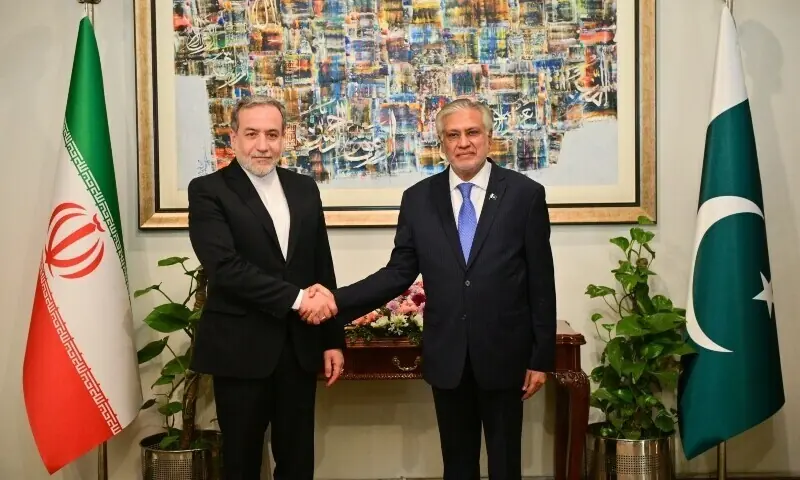 Foreign Minister Senator Mohammad Ishaq Dar welcomes Iranian Foreign Minister Seyed Abbas Araghchi on arrival at the Ministry of Foreign Affairs on Nov 5, 2024. &mdash; @ForeignOfficePk via X/File