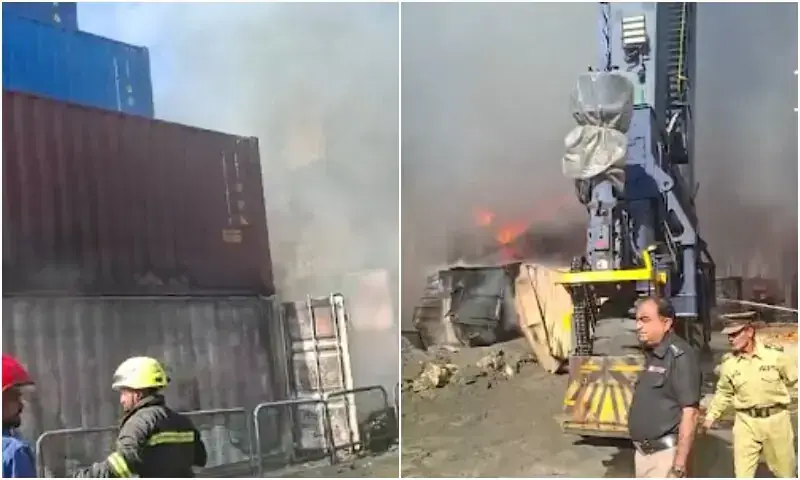 Firefighters busy trying to douse the fire at Karachi Port Trust (KPT) on Friday, January 16, 2026. — DawnNewsTV Firefighters busy trying to douse the fire at Karachi Port Trust (KPT) on Friday, January 16, 2026. — DawnNewsTV