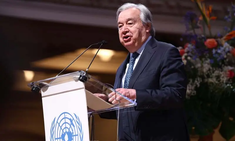 TOPSHOT - United Nations (UN) Secretary-General Antonio Guterres speaks at the UNA-UK conference to mark the 80th anniversary of the founding of the UN, at Methodist Central Hall, the site of the inaugural UN General Assembly, in London on January 17, 2026.
in central London on January 16, 2026. &mdash; AFP
