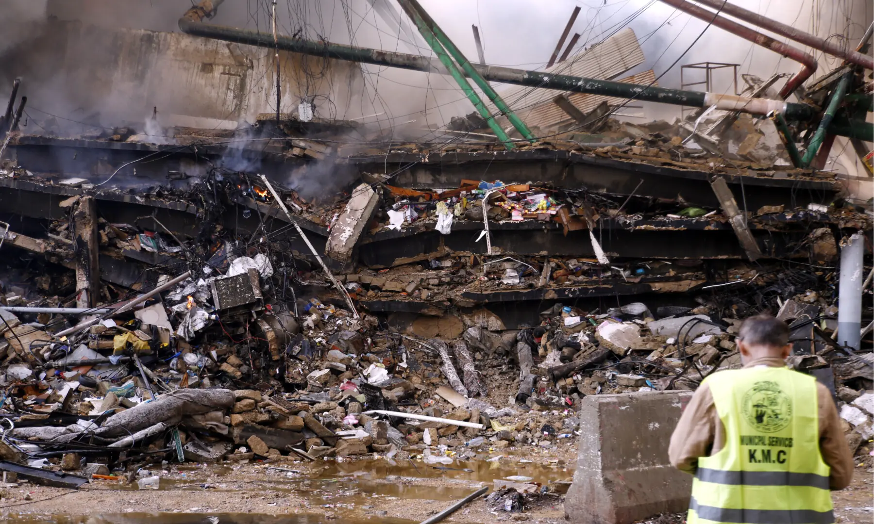A portion of Karachi’s Gul Plaza shopping mall is reduced to rubble after a blaze erupted the previous night, on Jan 18, 2026. — Shakil Adil/White Star