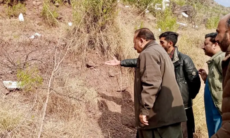 AJK Minister for Forests, Wildlife and Fisheries Sardar Javed Ayoub inspects a reforestation site in Kalgan area towards northwest of Muzaffarabad on Sunday. &mdash; photo via author