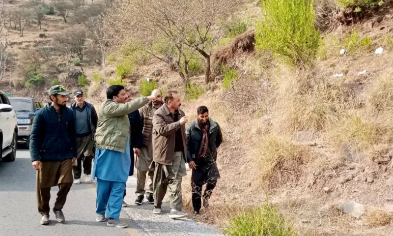 AJK Minister for Forests, Wildlife and Fisheries Sardar Javed Ayoub inspects a reforestation site in Kalgan area towards northwest of Muzaffarabad on Sunday. &mdash; photo via author