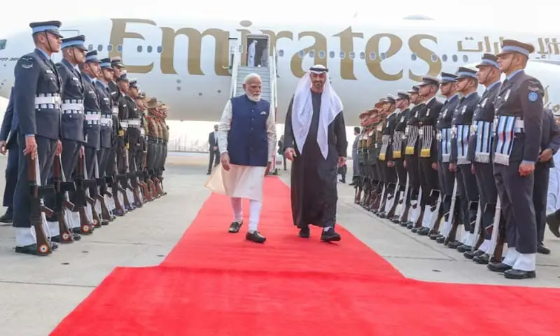 UAE President Sheikh Mohamed bin Zayed Al Nahyan walks with India&rsquo;s Prime Minister Narendra Modi upon his arrival at the airport in New Delhi, India on January 19, 2026. &mdash; Reuters