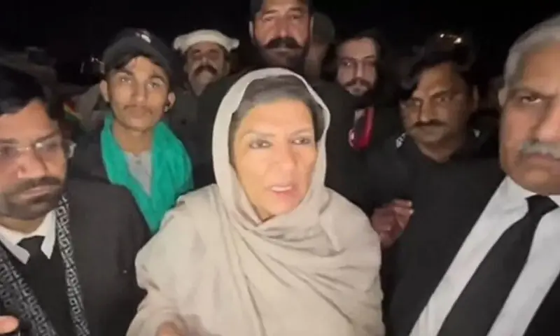 Aleema Khan, sister of PTI founder Imran Khan, speaks to reporters during a sit-in near Adiala jail in Rawalpindi on January 20. &mdash; Screengrab via X@PTIofficial