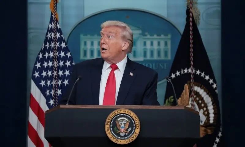 US President Donald Trump speaks during a press briefing at the White House, on the one-year mark into his second term in office, in Washington, DC, US, January 20. &mdash; Reuters