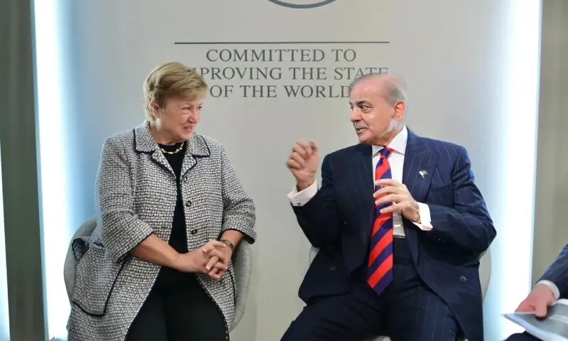 Prime Minister Shehbaz Sharif met International Monetary Fund (IMF) Managing DirectorKristalina Georgieva on the sidelines of the World Economic Forum in Davous. &mdash; Photo courtesy PTV/X