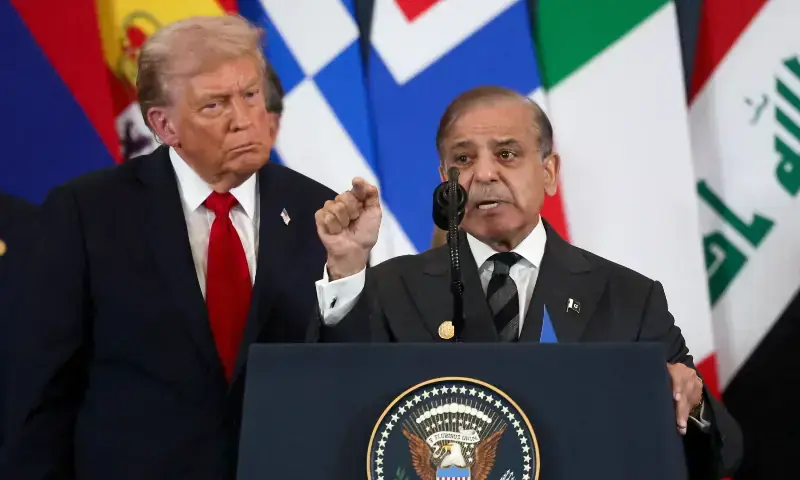 Prime Minister Shehbaz Sharif (R) speaks as US President Donald Trump listens during the Gaza summit in Sharm El-Sheikh on October 13, 2025. &mdash; AFP/File