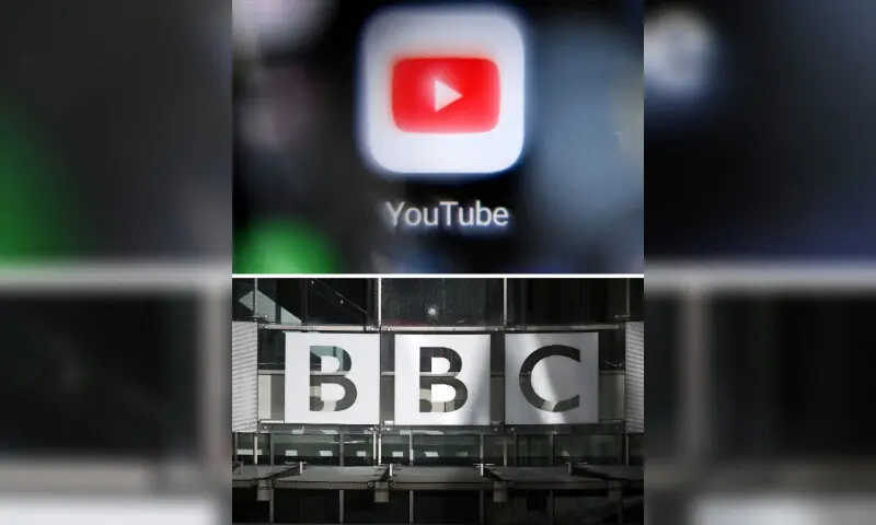 This combination of file photos created on January 21, 2026, shows the logo of YouTube social media on a smartphone screen; and the BBC logo at the entrance of the BBC headquarters at Broadcasting House in central London. &mdash; AFP