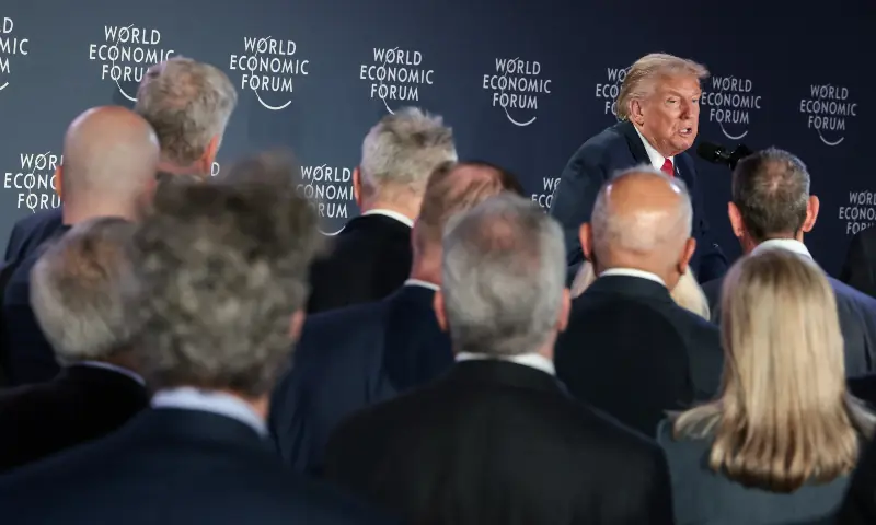 US President Donald Trump speaks during a reception with business leaders, at the 56th annual World Economic Forum (WEF), in Davos, Switzerland on January 21, 2026. &mdash; Reuters