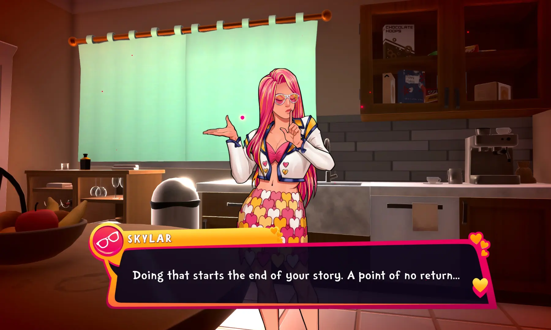 Skylar warns you about leaving the house. &ndash; screengrab by author