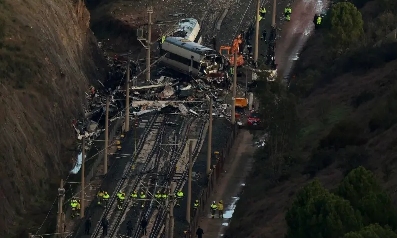 Spanish Civil Guards and forestry agents line up to inspect the crash site as removal works continue following the deadly derailment of two high-speed trains near Adamuz, in Cordoba, Spain on January 22, 2026. &mdash; Reuters