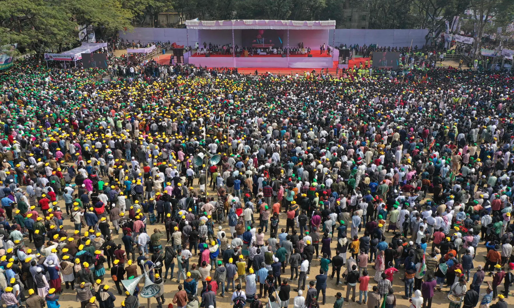 This aerial picture shows Bangladesh Nationalist Party (BNP) supporters during a rally ahead of the upcoming national election, in Sylhet on Jan 22, 2026. &mdash; AFP