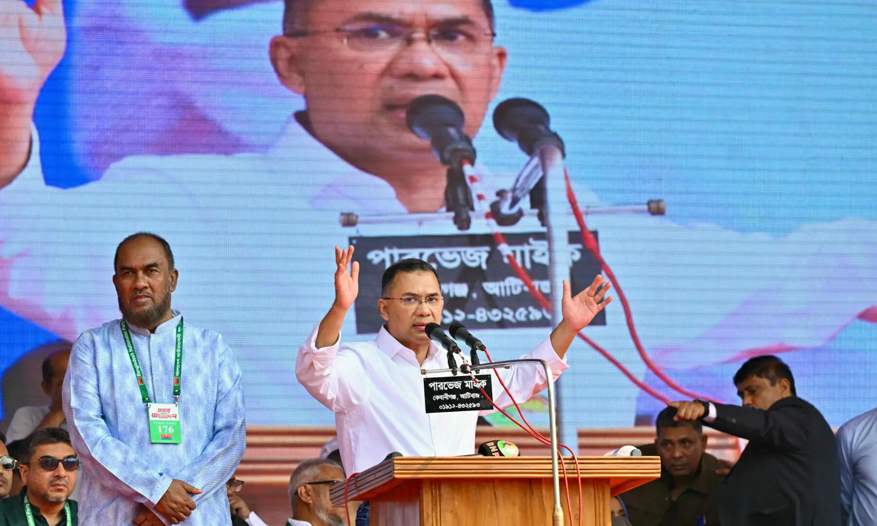 Bangladesh Nationalist Party (BNP) chairman Tarique Rahman (C) addresses his supporters during a rally as he begins campaigning ahead of the upcoming national election, in Sylhet on Jan 22, 2026. &mdash; AFP