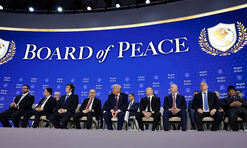 US President Donald Trump sits with Prime Minister Shehbaz Sharif and other world leaders during a charter announcement for Trump&rsquo;s Board of Peace initiative at the World Economic Forum in Davos, Switzerland on January 22. &mdash; Reuters