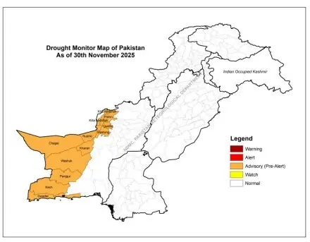  Map showing areas in Balochistan affected by drought. &mdash; PMD Drought Watch 2025 