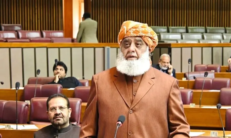 Jamiat Ulema-i-Islam Fazl (JUI-F) Chief Maulana Fazlur Rehman speaks in the National Assembly on Thursday. &mdash; Photo provided by author