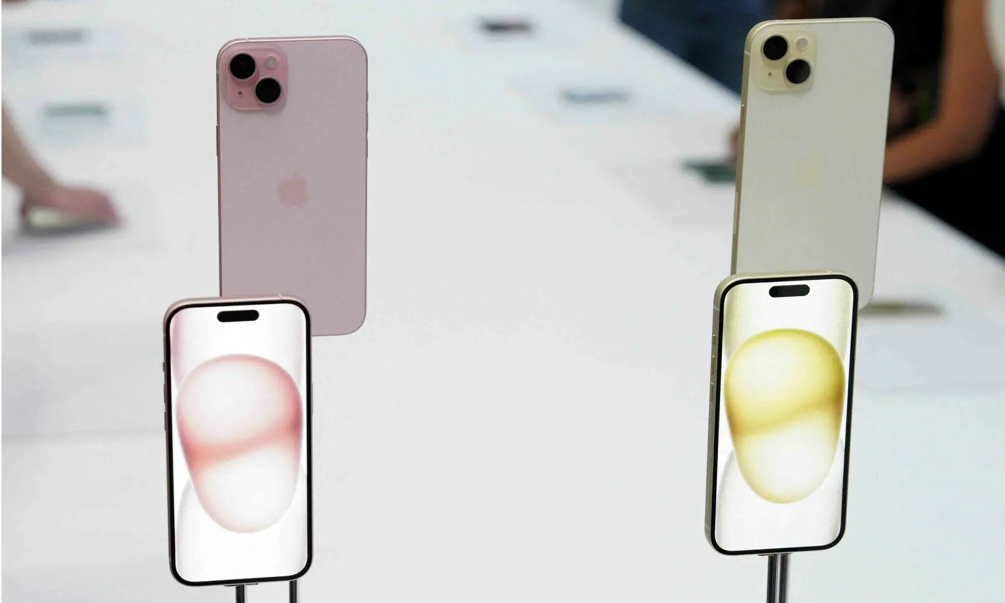 Phone 15 and iPhone 15 Plus are displayed during the &lsquo;Wonderlust&rsquo; event at the company&rsquo;s headquarters in Cupertino, California, US September 12, 2023. &mdash; Reuters/File