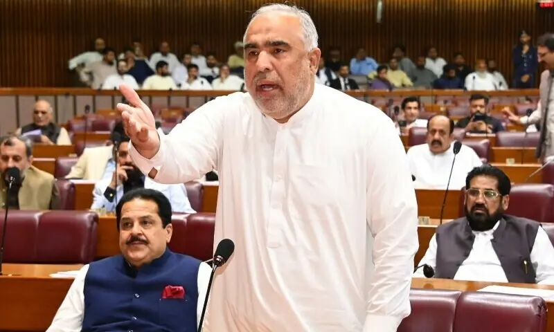 PTI leader Asad Qaiser speaks during the National Assembly session on August 10, 2025. &mdash; X/@NAofPakistan