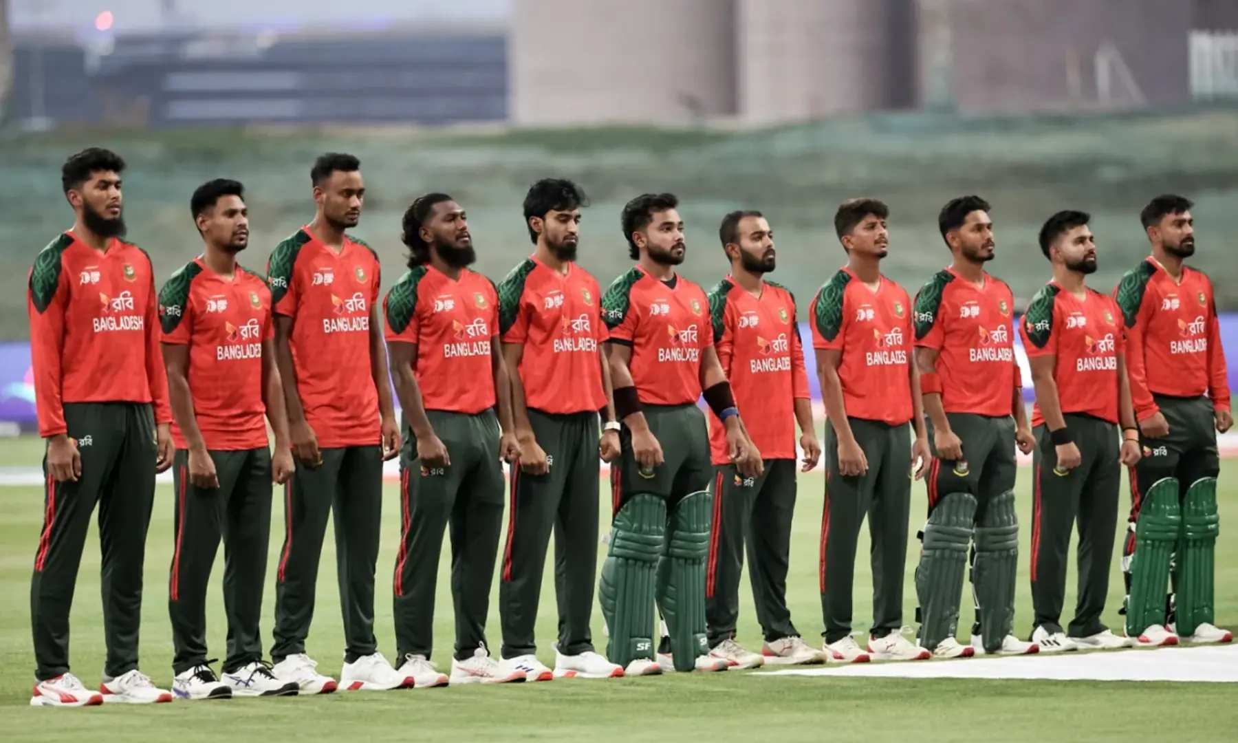 Bangladesh line up for the anthem for the Bangladesh vs Sri Lanka men&rsquo;s T20 Asia Cup match in Abu Dhabi on
September 13, 2025. &mdash; AFP/File