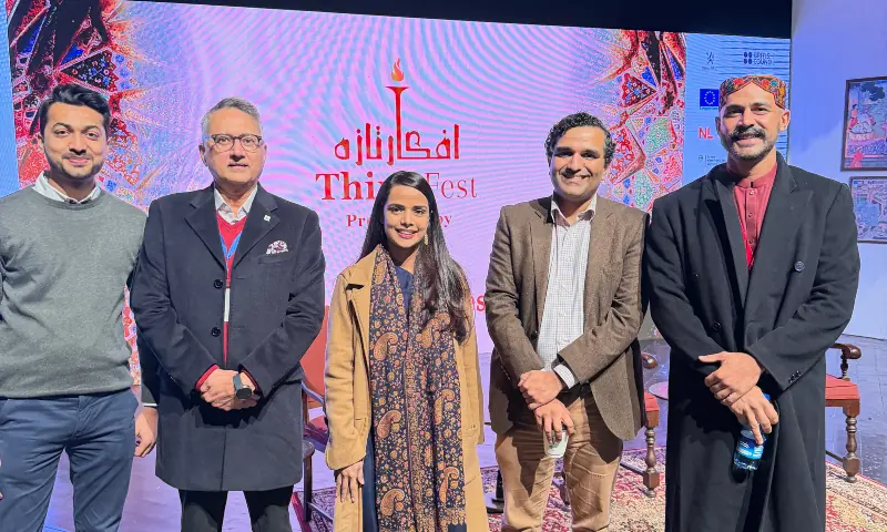 A panel consisting of Maleeha Sattar, Zulfikar Ali Bhutto and Hammad Naqi poses for a photo at ThinkFest 26 on January 23. &mdash;ThinkFestPK via X