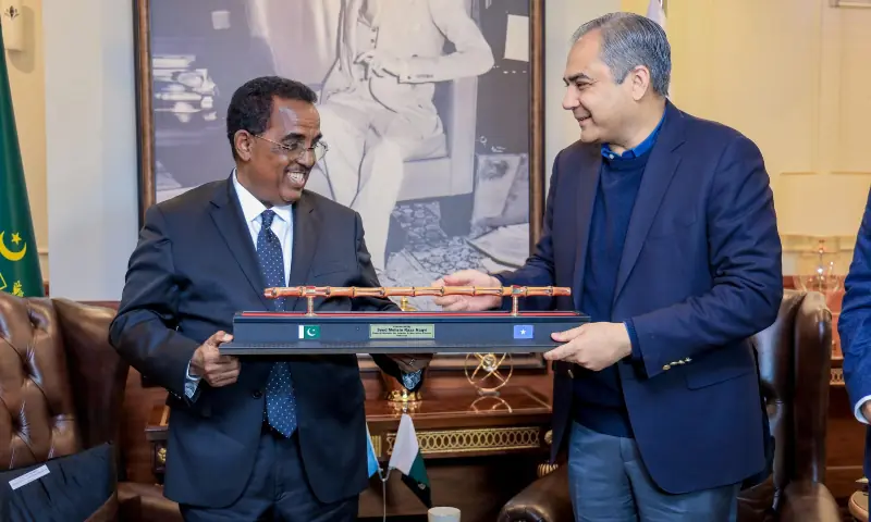 Interior Minister Mohsin Naqvi and Somalia&rsquo;s Interior Minister Ali Yusuf hold a meeting at the interior ministry on January 22. &mdash; AliYusufHosh via X