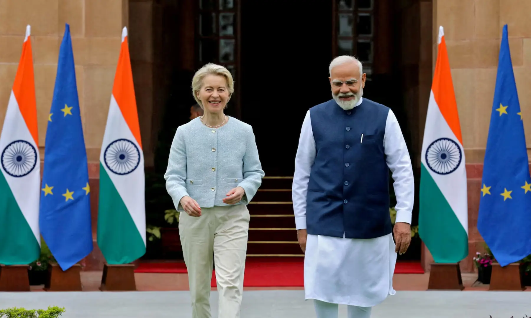 European Commission President Ursula von der Leyen and India&rsquo;s Prime Minister Narendra Modi arrive for a photo opportunity ahead of their meeting at the Hyderabad House in New Delhi, India, on Feb 28, 2025. &mdash; Reuters/File