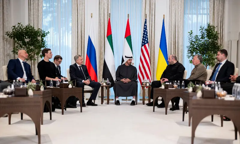 President of the United Arab Emirates Sheikh Mohamed bin Zayed Al Nahyan receives the heads of delegations participating in the UAE hosted trilateral talks between the United States, Russia and Ukraine, at Al Shati Palace in Abu Dhabi, United Arab Emirates, on January 23, 2026. &mdash; Reuters