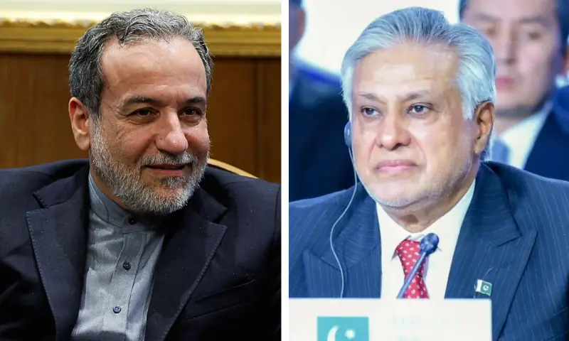 This photo combo shows Iranian Foreign Minister Abbas Araqchi in Beirut, Lebanon on Oct 4, 2024 (L) and FM Ishaq Dar at the Shanghai Cooperation Organisation conference in Moscow on Nov 18, 2025 (R). &mdash; Reuters/Foreign Office