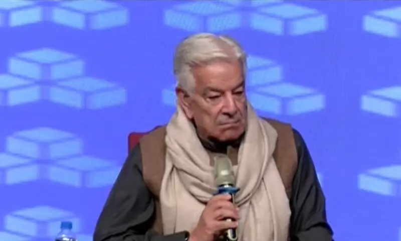 Defence Minister Khawaja Asif addresses ThinkFest on Saturday. &mdash; DawnNewsTV