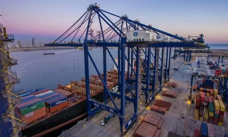 Cranes poised above shimmering waters at the Pakistan Deep Water Container Terminal at Keamari. &mdash; Dawn/File