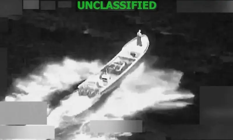 This screen grab from a video posted on the X account of US Southern Command (SOUTHCOM) on January 23, 2026 shows a strike at the direction of US Defense Secretary Pete Hegseth on a vessel alleged to be transiting along narco-traficking routes on January 23, 2026 in &ldquo;international waters.&rdquo;. &mdash; AFP