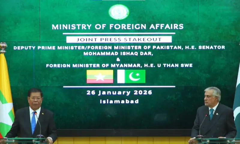 Foreign Minister Ishaq Dar (R) and Myanmar&rsquo;s FM Than Swe (L) address the media in Islamabad on Jan 26, 2026. &mdash; screengrab via X/ForeignOfficePk