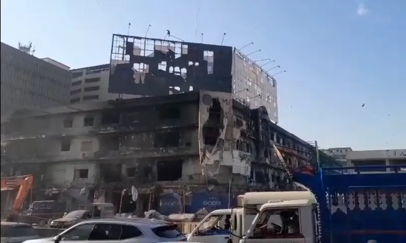 A view of the charred Gul Plaza shopping mall in Karachi, on Jan 26, 2026. &mdash; screengrab from video by Imtiaz Ali