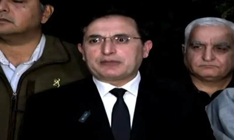 PTI Chairman Barrister Gohar Ali Khan, flanked by members of the Tehreek Tahafuz Ayeen-i-Pakistan opposition alliance, addresses a press conference on January 26. &mdash; DawnNewsTV