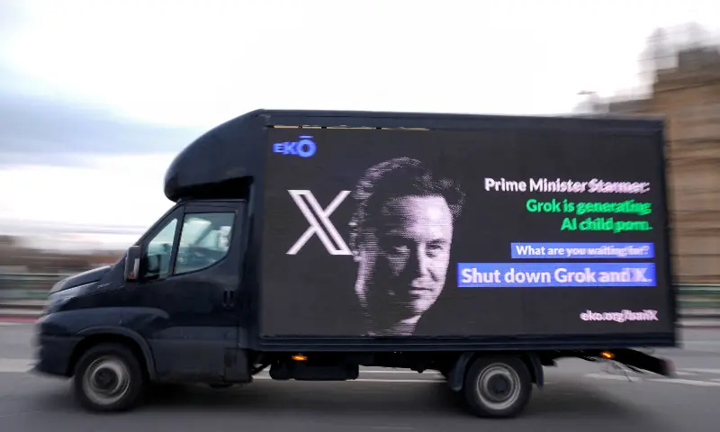 A billboard organised by corporate accountability group Eko passes through Westminster urging the Prime Minister to stand up to Elon Musk and ban X and Grok, in London, Britain on January 14, 2026. &mdash; Reuters/File