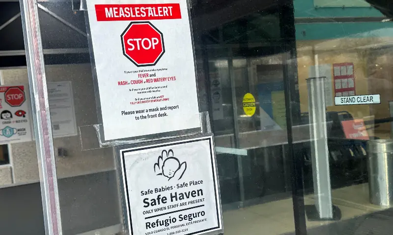 A measles alert sign hangs outside the entrance to the Cohen Children&rsquo;s Medical Center, where the state health department confirmed that a baby tested positive and that there is a possibility of exposure to others at the facility, in New Hyde Park, New York, US on March 14, 2025. &mdash; Reuters/File