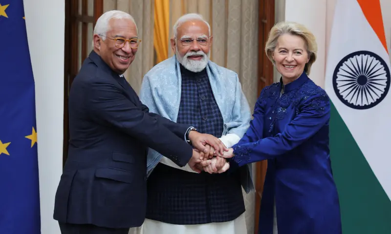 European Council President Antonio Costa, European Commission President Ursula von der Leyen and Indian Prime Minister Narendra Modi pose during a photo opportunity ahead of their meeting at the Hyderabad House in New Delhi, India on January 27, 2026. &mdash; Reuters