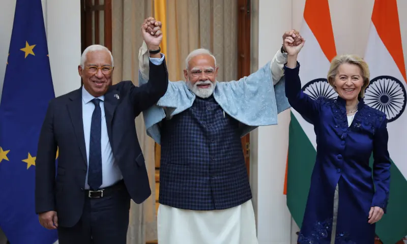 European Council President Antonio Costa, European Commission President Ursula von der Leyen and Indian Prime Minister Narendra Modi pose during a photo opportunity ahead of their meeting at the Hyderabad House in New Delhi, India on January 27, 2026. &mdash; Reuters