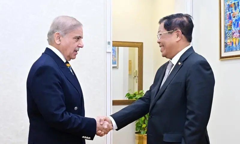 Prime Minister Shehbaz Sharif greets Myanmar&rsquo;s Foreign Minister Than Swe in Islamabad on January 27. &mdash; PID