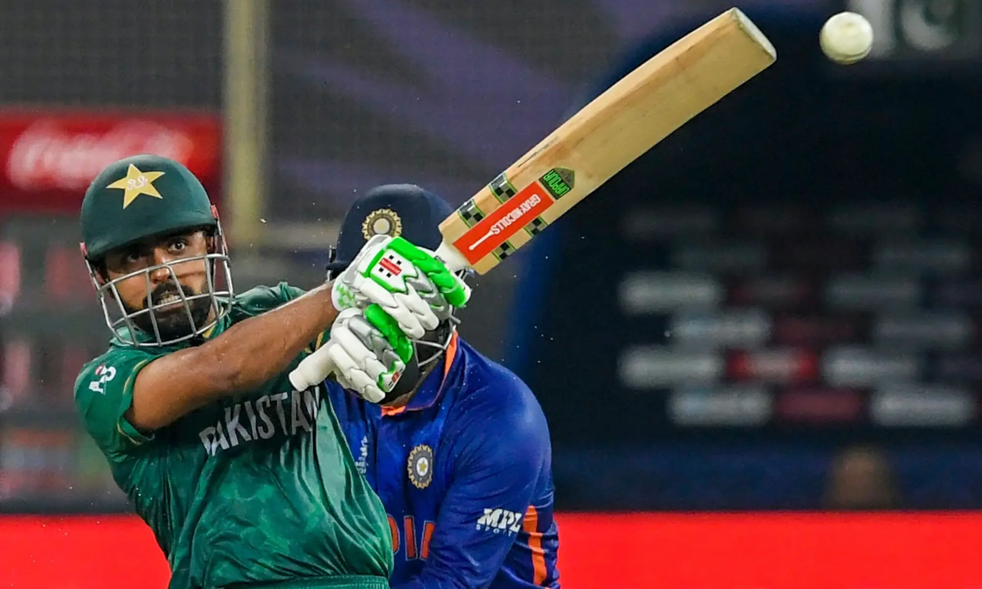 Babar Azam plays a shot during the ICC men&rsquo;s Twenty20 World Cup cricket match between India and Pakistan at the Dubai International Cricket Stadium on October 24. &mdash; AFP