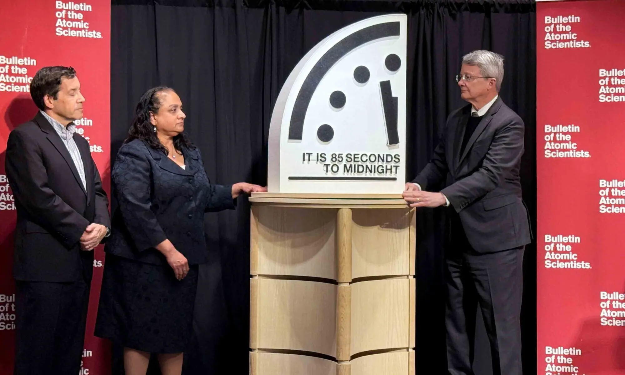 Jon Wolfsthal, director of global risk at the Federation of American Scientists (FAS), Asha George, executive director of the Bipartisan Commission on Biodefense, and Steve Fetter, professor of public policy and former dean at the University of Maryland, reveal the location of the minute hand on its Doomsday Clock during a townhall in Washington, DC. — Reuters Jon Wolfsthal, director of global risk at the Federation of American Scientists (FAS), Asha George, executive director of the Bipartisan Commission on Biodefense, and Steve Fetter, professor of public policy and former dean at the University of Maryland, reveal the location of the minute hand on its Doomsday Clock during a townhall in Washington, DC. — Reuters
